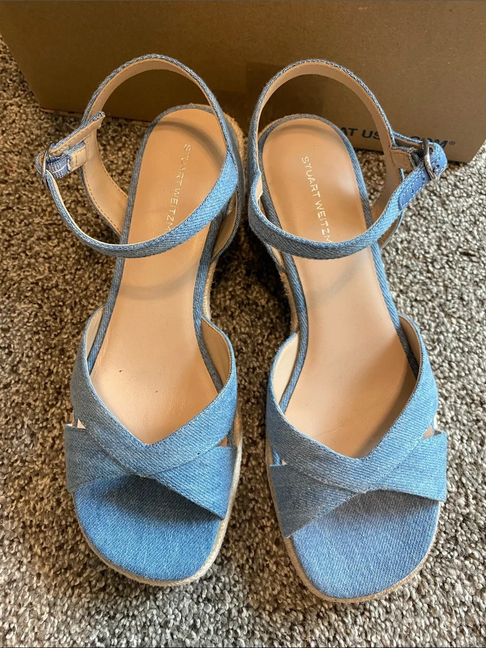 Stuart Weitzman Denim Blue Crisscross Espadrille Wedge Sandals